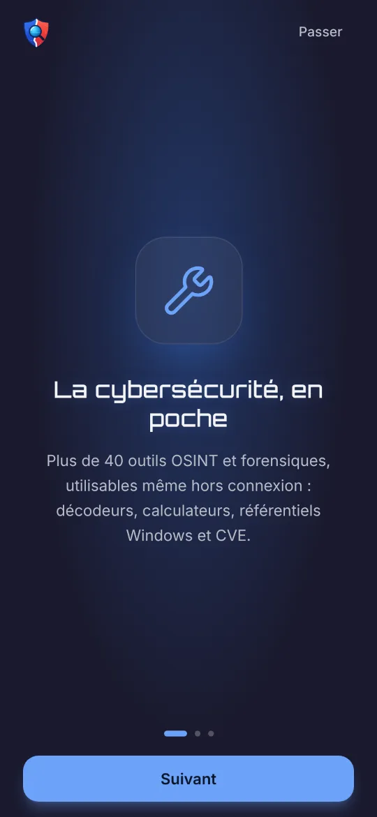 Écran d’accueil du premier lancement de l’application
